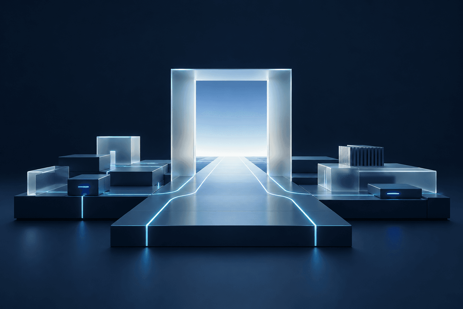 Conceptual illustration of cyan pathways connecting a navy modular foundation and continuing through an open glass gateway
