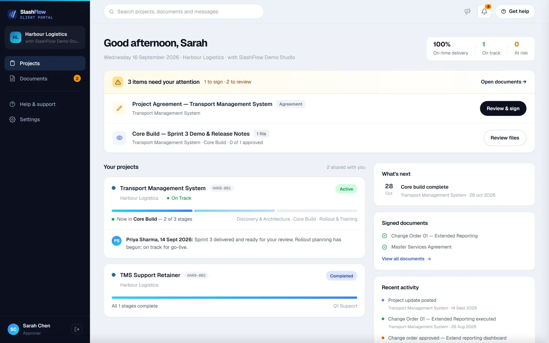 The SlashFlow client portal, showing a client's projects, documents awaiting signature and recent delivery activity